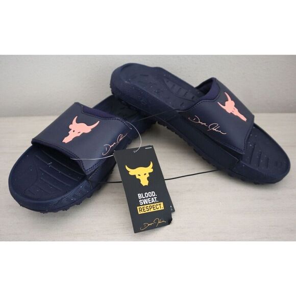 Under Armour 3026034-403 Men's 10 Women's 11.5 Navy/Orange Project Rock 3 Slides - Picture 1 of 11